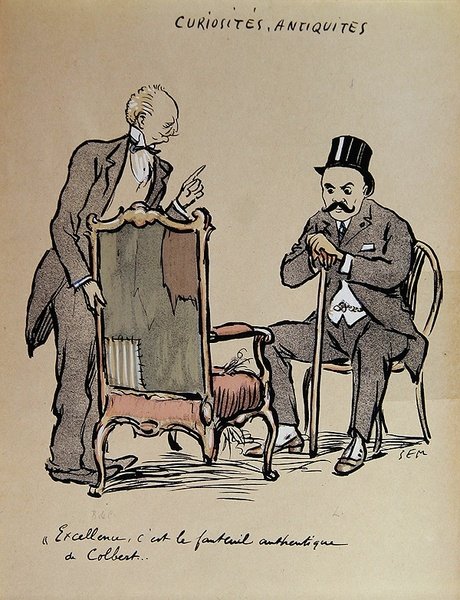 Bohatý sběratel umění si prohlíží židli, kterou údajně vlastnil Colbert. cca 1919 (barevná litografie) od Sem