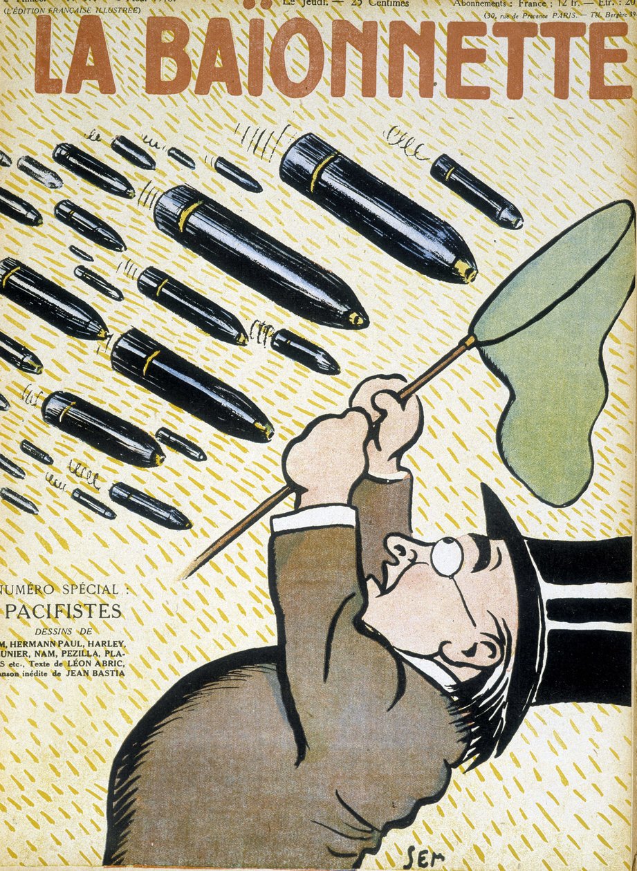 Muž, který se snaží chytit mušle sítí na motýly - od Sem (1863 - 1934), v „“La Bayonet: les pacifistes““ z 3.8.1916. od Sem