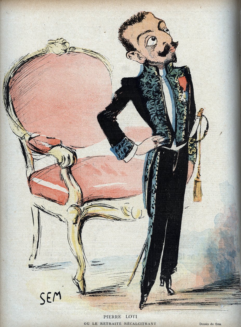 Pierre Loti (1850-1923) aneb vzpurný ústup - (v zelených šatech Francouzské akademie) - Karikatura SEM (Georges Goursat) (1863-1934) v „“ Le rire de 1898 - od Sem