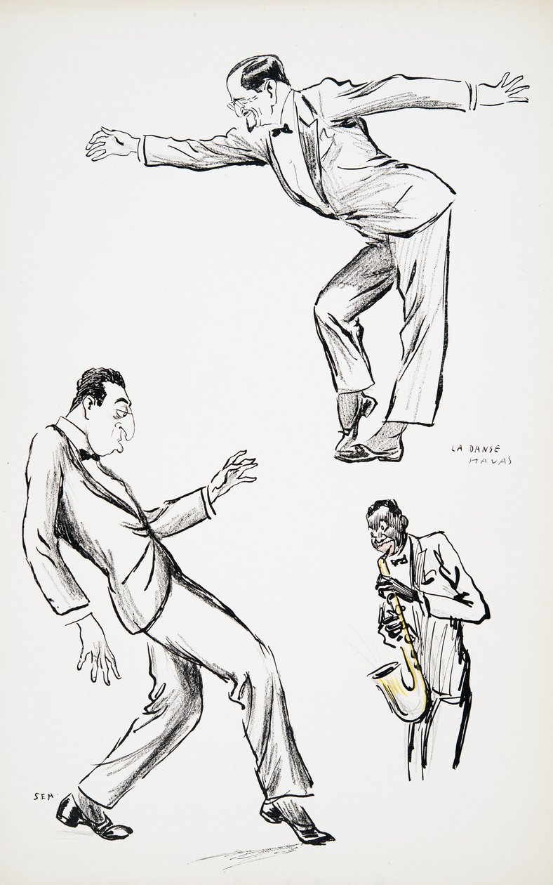 Dva pánové v černé kravatě předvádějí La Danse Havas na saxofon z hospody White Bottoms. 1927 (barevný blok tisk), z White Bottoms, pub. 1927 (barevný blokový tisk) od Sem