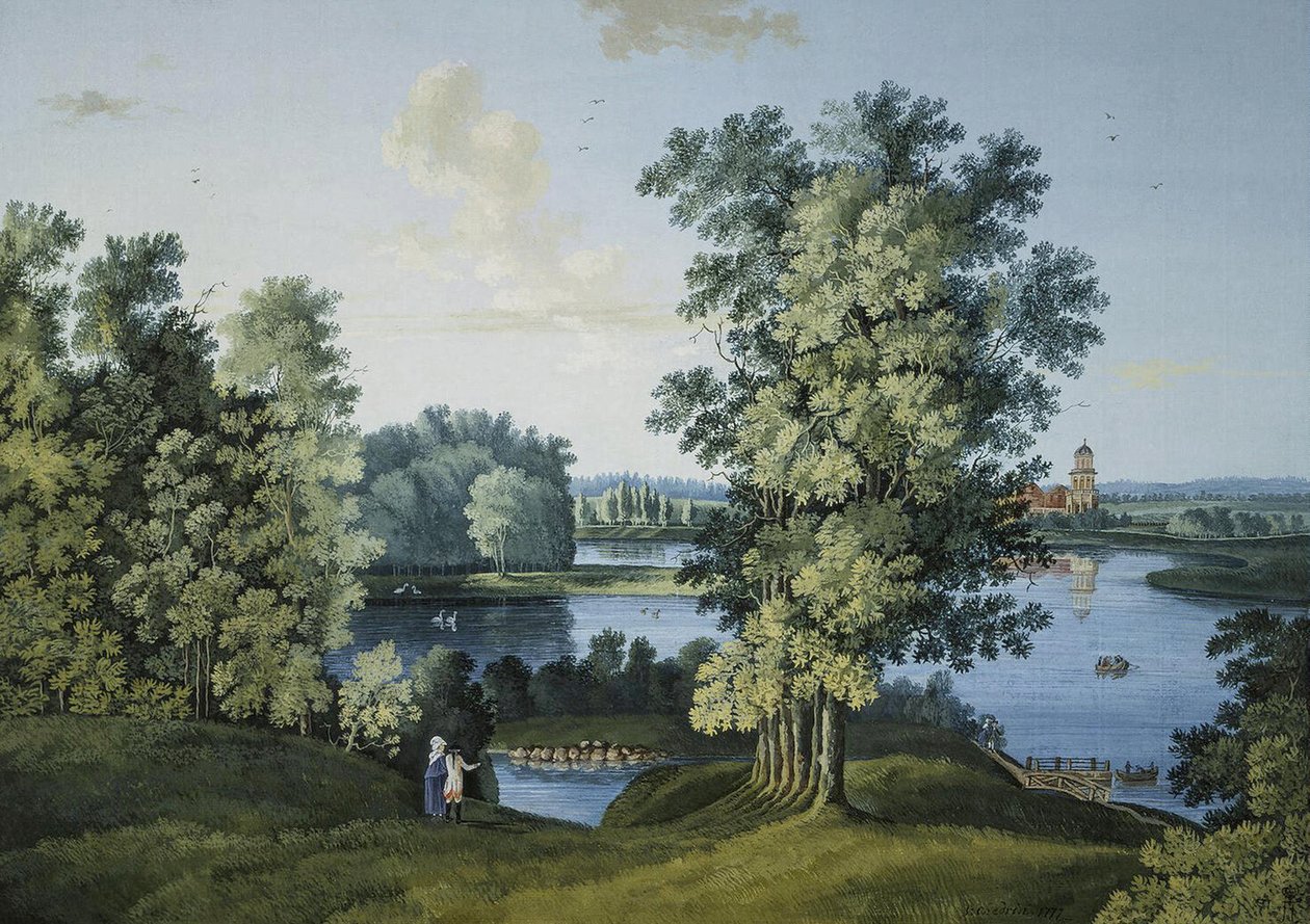 ""Pohled na Velký rybník v parku v Carskoje Selo"" od Semjona Fjodoroviče Shchedrina (Semion Chtchedrine) (1745-1804), Kvaš a inkoust na papíře od Semen Fedorovich Shchedrin