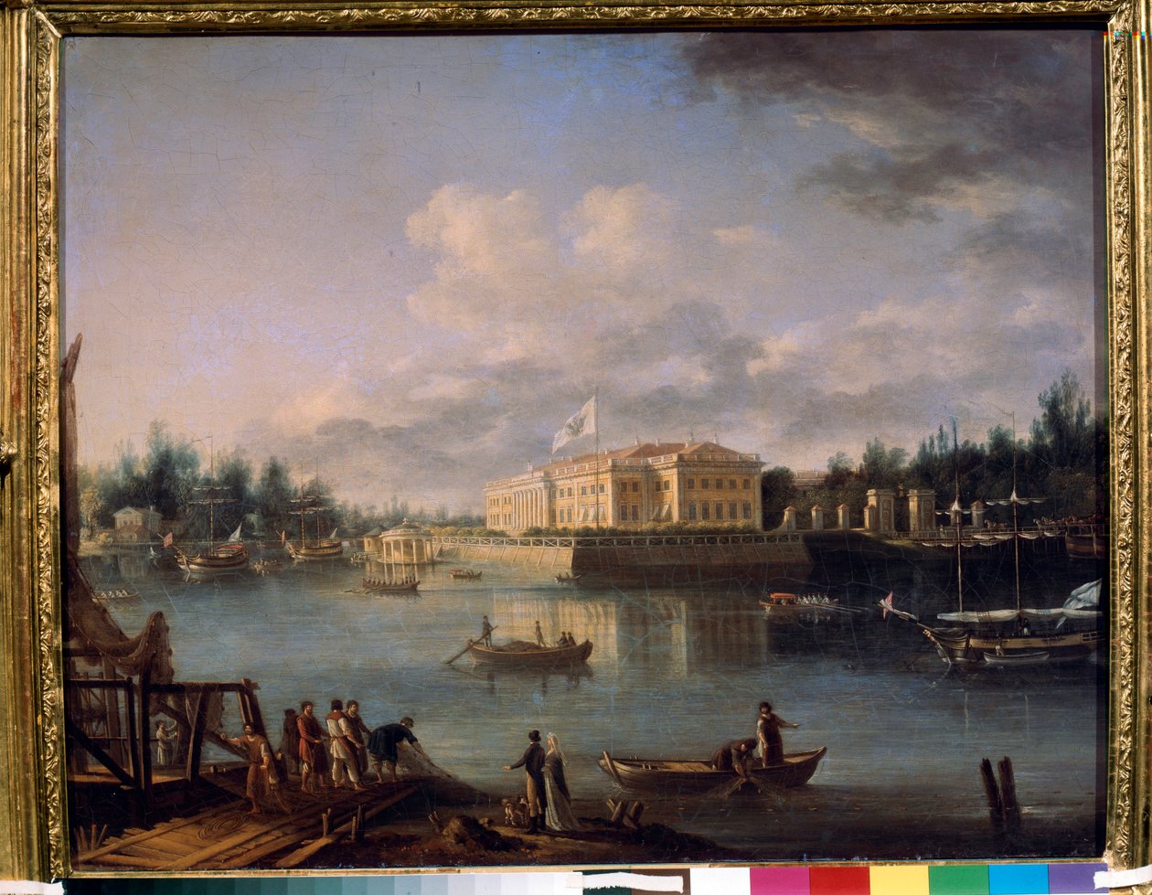 Pohled na Kamennoostrovsky palác z nábřeží Strogonov, Petrohrad. Obraz Semjon Fjodorovič Ščedrin (Semion Ščedrin) (1745-1804), olej na plátně od Semen Fedorovich Shchedrin