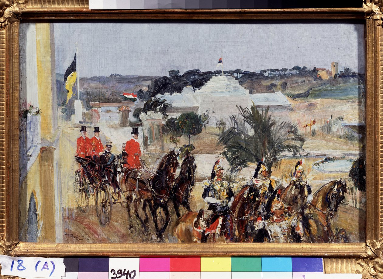 Victor Emmanuel III Savojský (Vittorio Emanuele di Savoia) (1869-1947), král Itálie, návštěva Mezinárodní výstavy v Římě v roce 1911. (Victor Emmanuel III, král Itálie na mezinárodní výstavě v Římě v roce 1911). Královský konvoj před od Semen Gavriilovich Nikiforov
