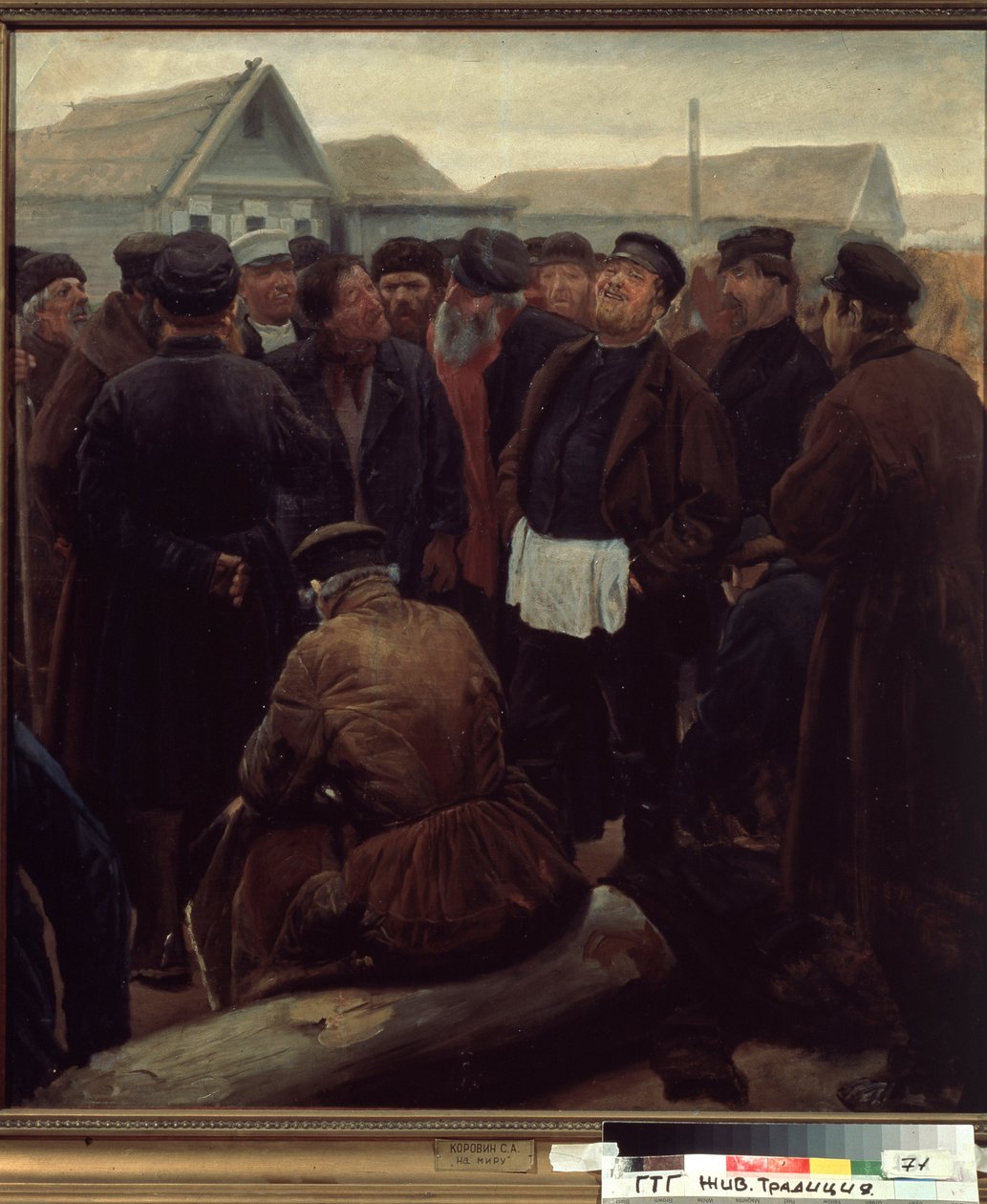 Seznamte se s venkovskou komunitou. (Na setkání komunity země). Skupina ruských rolníků před farmami. Dílo Sergeje Alexejeviče Korovina (1858-1908), olej na papíře od Sergei Alexeyevich Korovin