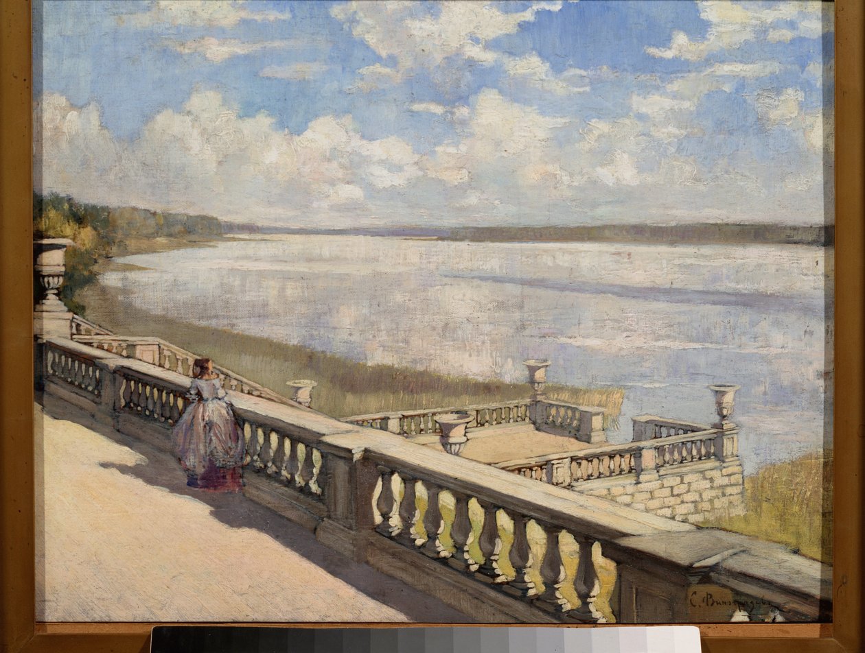 Slunečný den, Dáma na zábradlí - obraz Sergeje Arsenyjeviče Vinogradova (1869-1938), olej na plátně od Sergei Arsenevich Vinogradov