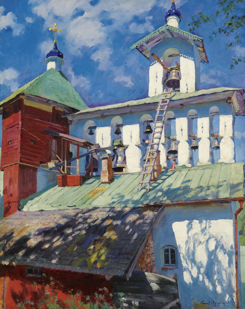 "Pohled na zvonici kláštera Pskovských jeskyní (Pskov-Pechorský klášter Dormition nebo Pskovo-Pechersky) v Pečorech, Rusko"" (Zvonice kláštera Pskovo-Pechersky) Obraz Sergeje Vinogradova (1869-1938) - 1929 - Olej na plátně Sun 8 od Sergei Arsenevich Vinogradov
