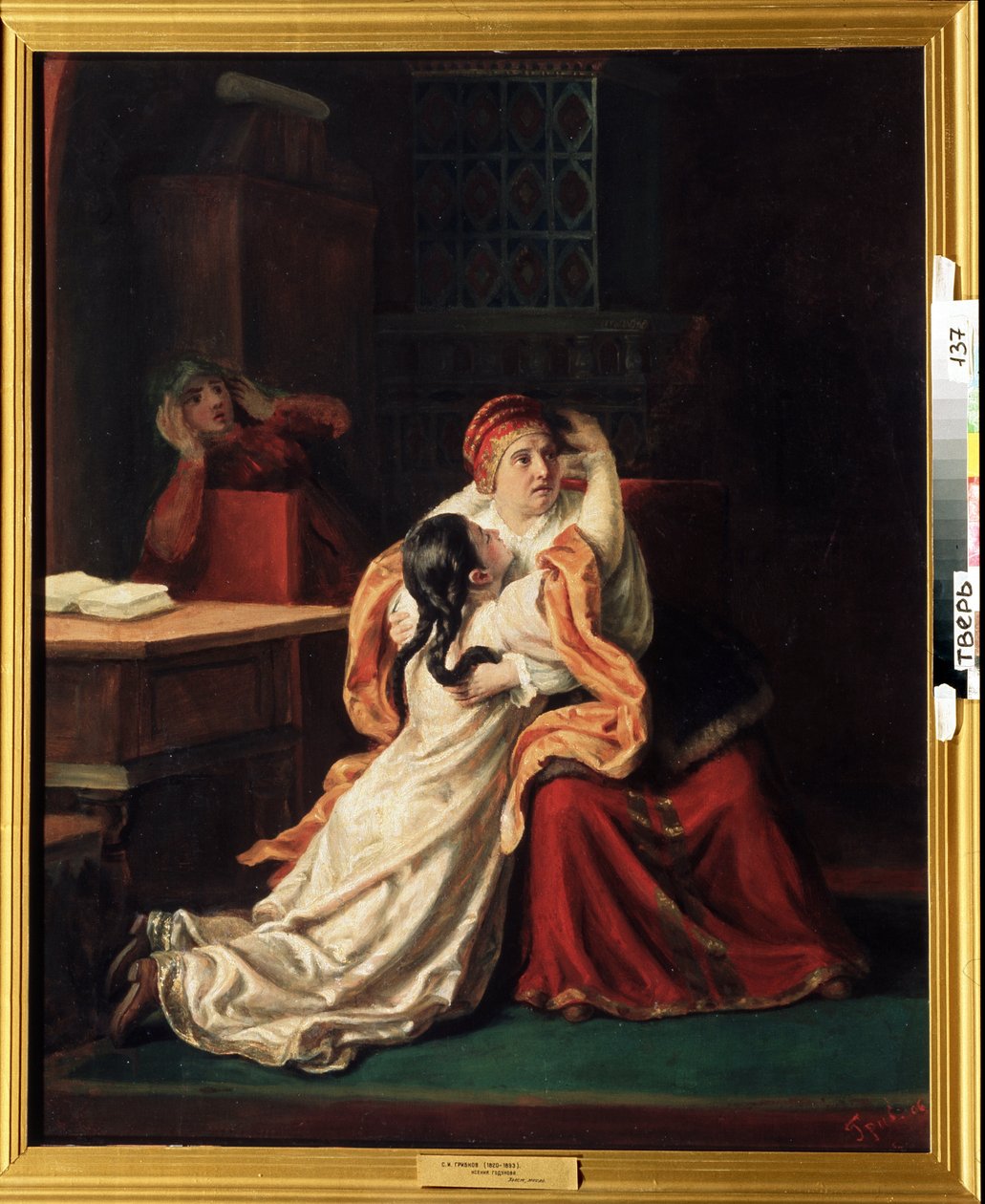 Carina Kseniya Godunova (1581-1622) (Carevna Kseniya Godunova). Vyděšené dítě, které se řítí někomu do náruče. Obraz Sergeje Ivanoviče Gribkova (1820-1893), olej na plátně, ruské umění 19. století. Regionální galerie umění, Tver (Rusko) od Sergei Ivanovich Gribkov