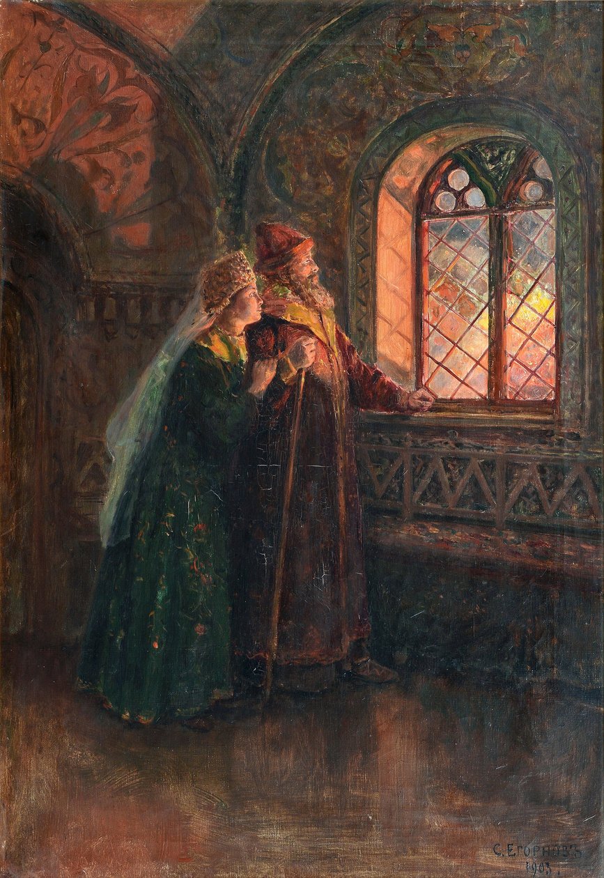 Car Alexej Michajlovič a Maria Miloslavskaja při požáru Moskvy, 1903 od Sergei Semyonovich Yegornov