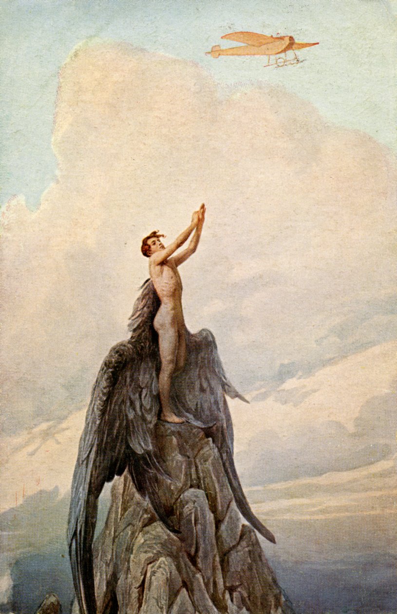 Doprava. Letectví. Ikarův sen. Ikarus a letadlo. Ilustrace J. Solomko, Maďarsko, kolem 1916. (pohlednice) od Sergei Sergeevich Solomko