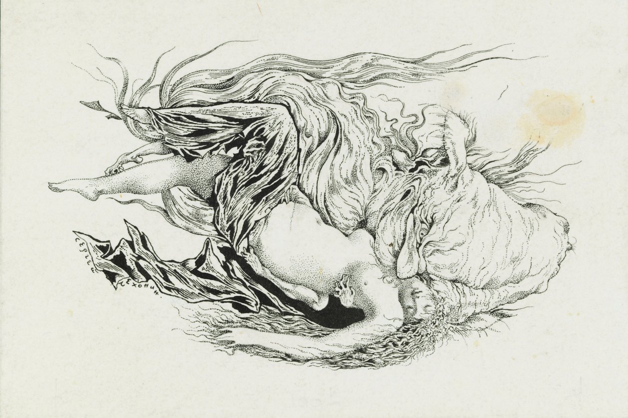Černomor a Ludmila. Ilustrace k básni Ruslan a Ludmila od A. Puškina, 1921-1926. od Sergei Vasilevich Chekhonin