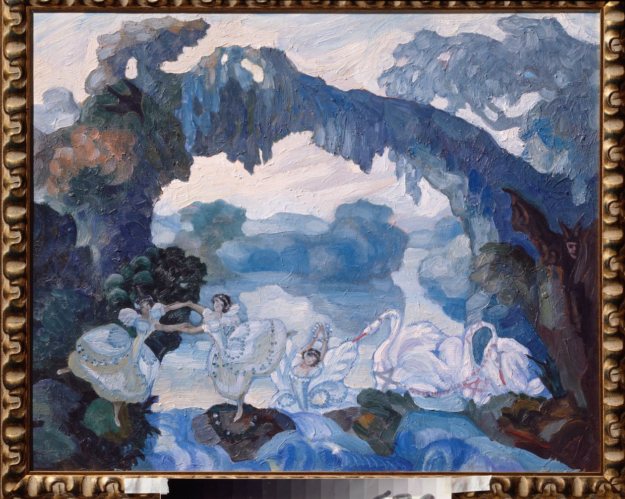 Přípravná výzdoba pro balet "Le Lac des Cygnes"" od Piotra Čajkovského (1840-1893) (scéna pro balet Čajkovského Labutí jezero) - Dílo Sergeje Sudejkina (Serge Soudeikine) (1882-1946), olej na lepenka od Sergei Yurevich Sudeikin