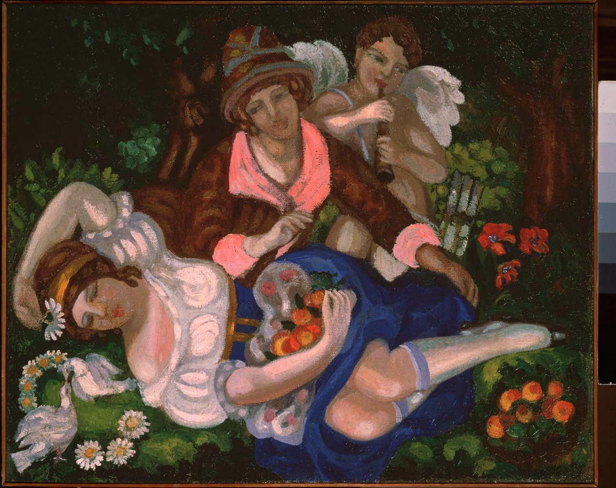 Alegorický výjev. (Pár milenců, obklopen pár holubicemi a Amor hrající hudbu). Obraz Sergeje Jurijeviče Sudejkina (Serge Soudeikine) (1882-1946), olej na plátně, kolem roku 1910. Ruské umění, 20. století, secese, modernismus. od Sergei Yurevich Sudeikin