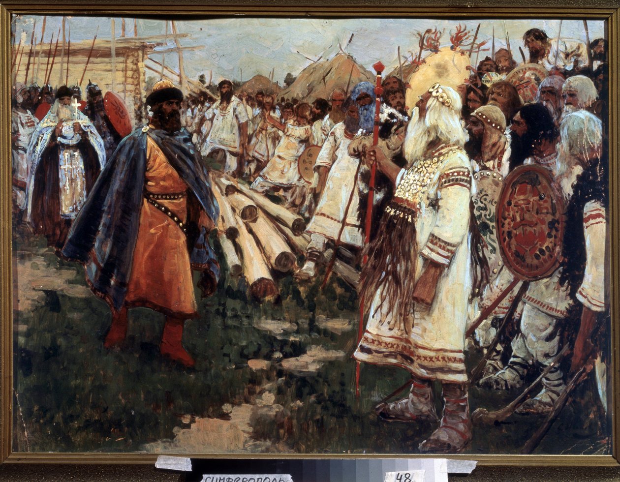 ""Křesťanství a pohanství"" Christianizace Ukrajiny - Alegorie dvou náboženství tváří v tvář - Obraz Sergeje Ivanova (1864-1910) 1909 Regionální muzeum umění, Simferopol od Sergej Vasilevic Ivanov