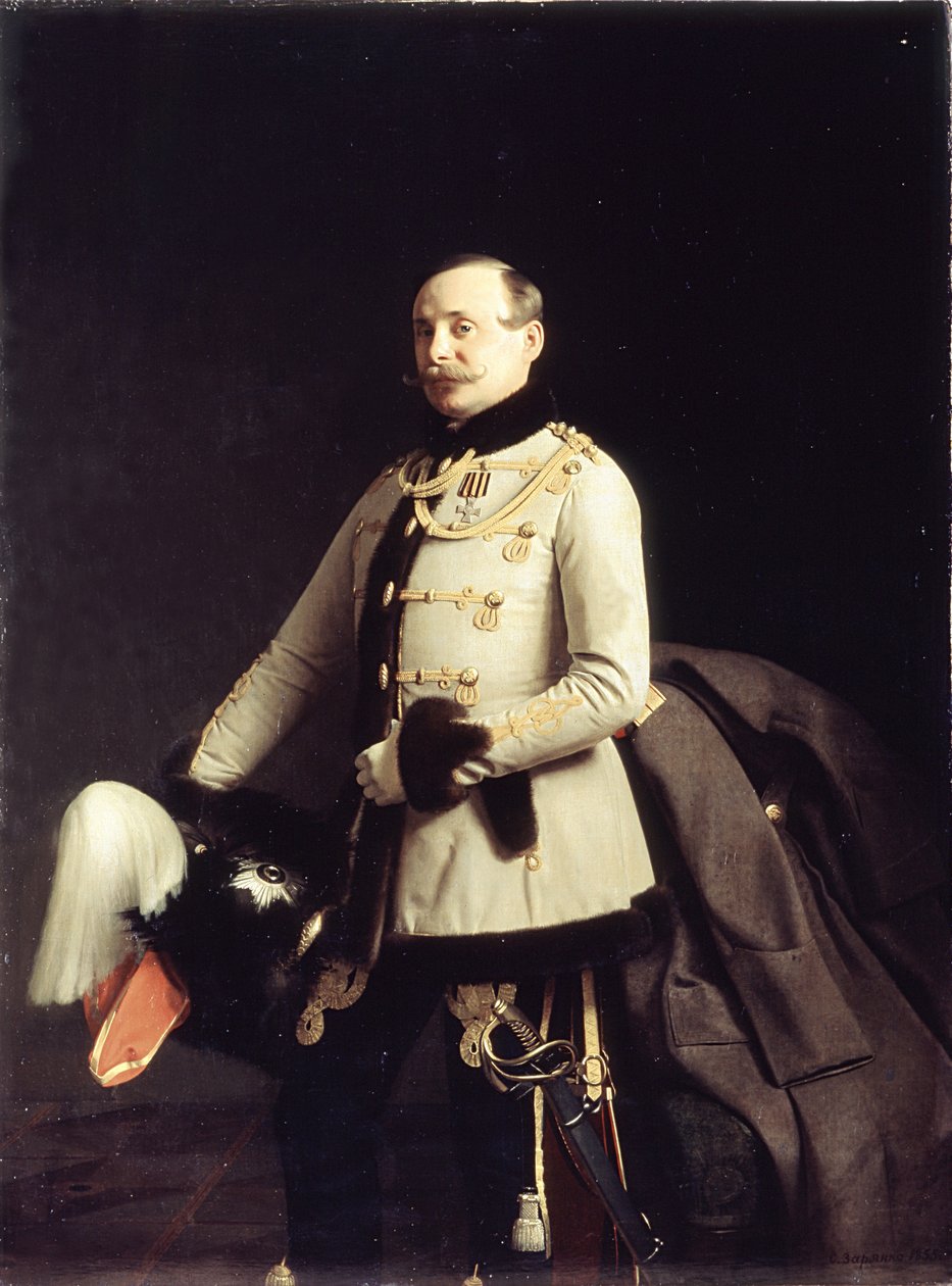 Portrét Alexandra Dmitrieviče Ponomareva, Poruchik Husarského pluku plavčíků Jeho Veličenstva, 1855 od Sergey Konstantinovich Zaryanko