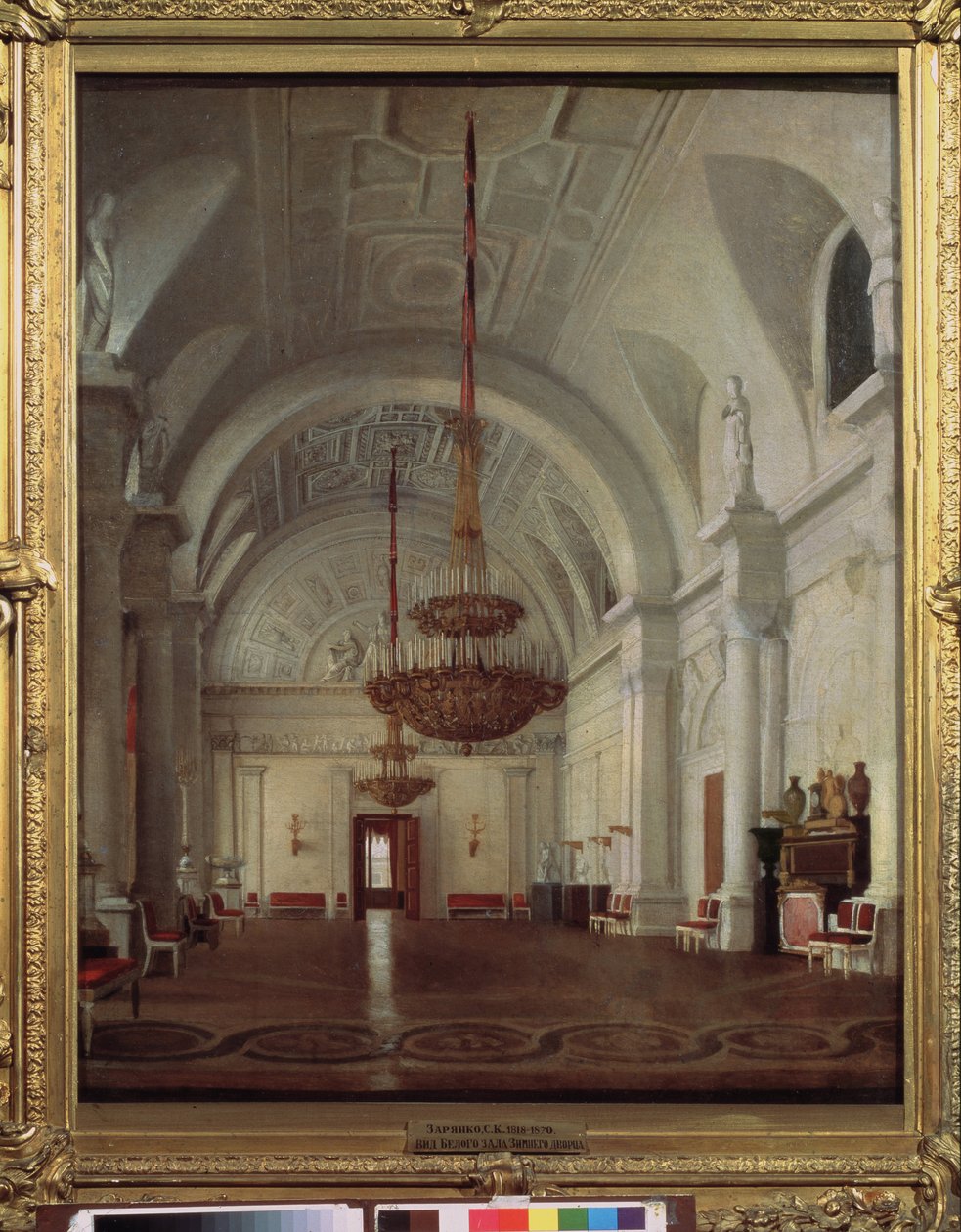 Pohled na Bílý sál Zimního paláce v Petrohradu. Obraz Sergeje (Sergei, Sergei) Konstantinoviče Zaryanka (Zarianko) (1818-1870), olej na plátně. ruské umění od Sergey Konstantinovich Zaryanko
