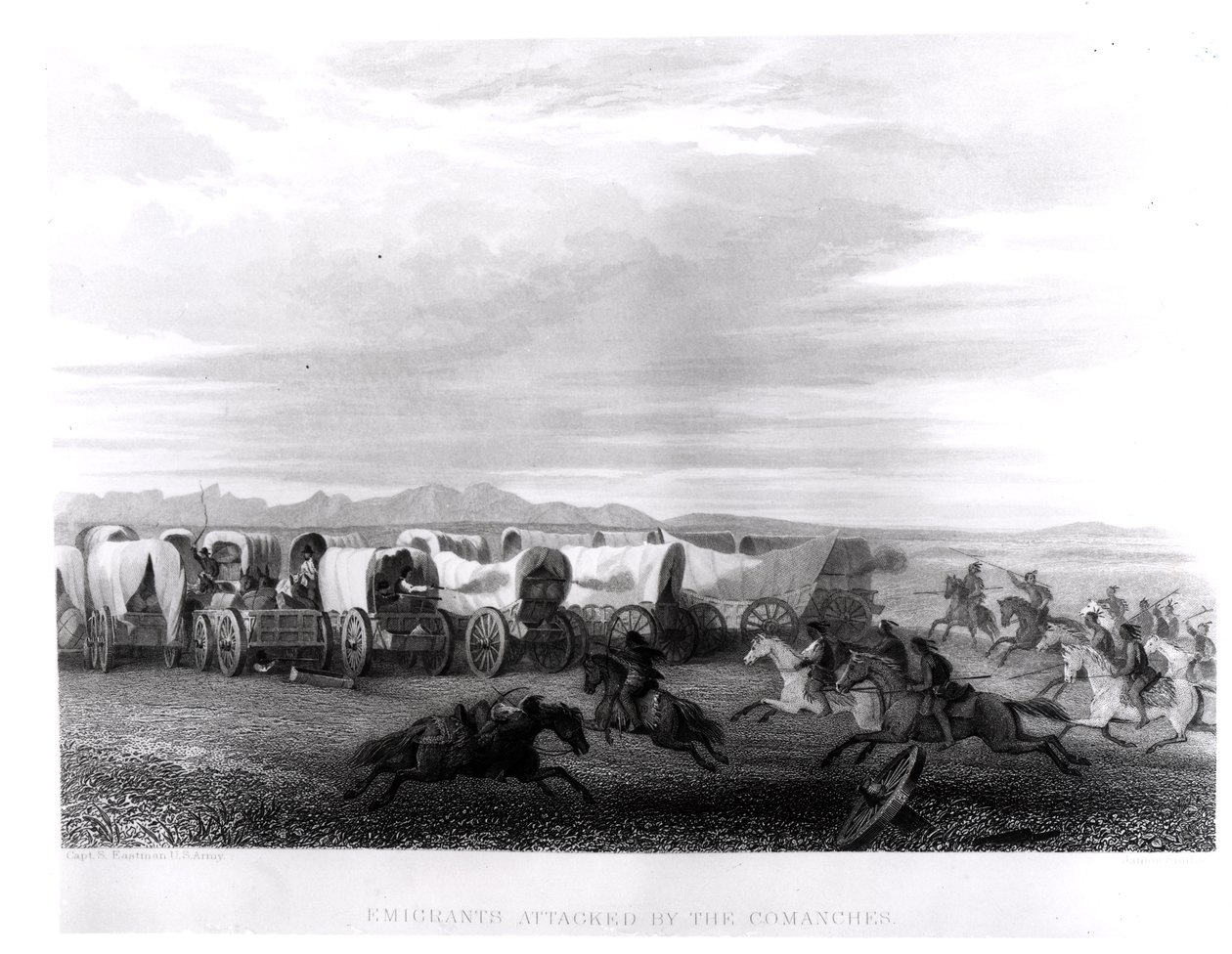 Emigranti napadeni komančy, vyryl John Smith od Captain Seth Eastman