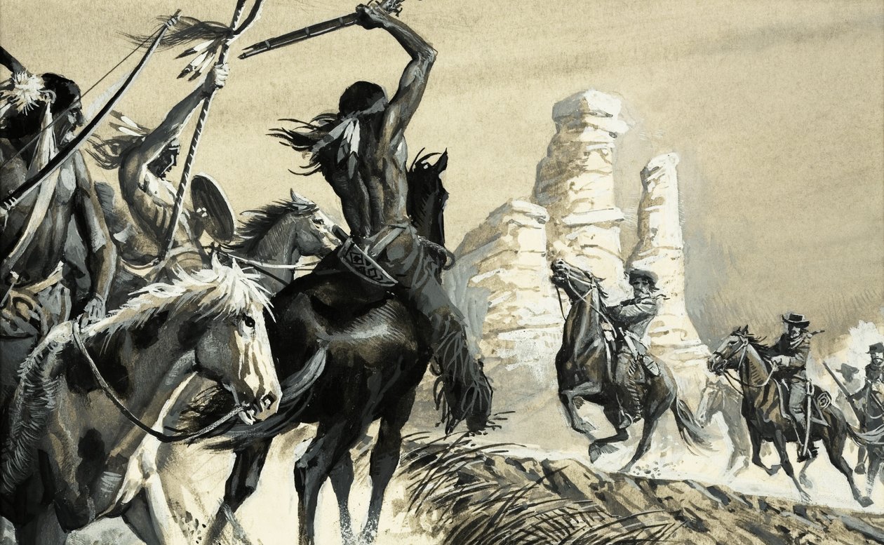 Překvapivé střetnutí dvou průzkumných skupin, jedné indiánské a druhé americké kavalerie. od Severino Baraldi