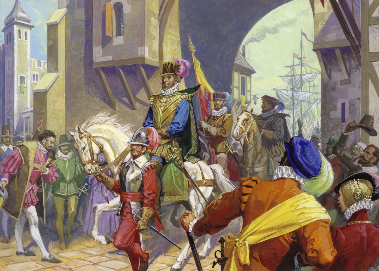 Sir Francis Drake přijíždí do Plymouthu (kvaš na papíře) od Severino Baraldi