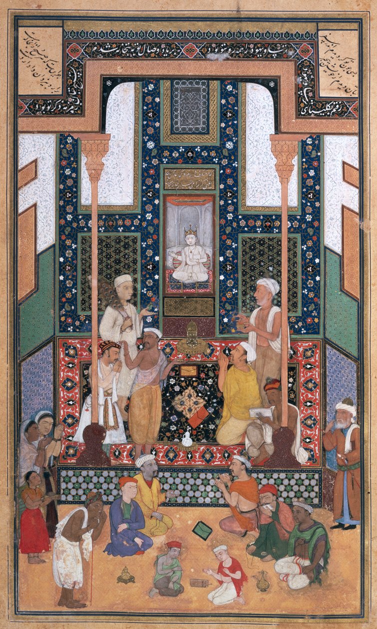 Sadi Návštěva indiánského chrámu, miniatura z Bustan (The Orchard) od Sadi, Buchara, Západní Uzbekistán, cca 1531-32 (inkoust, neprůhledné wc a zlato na papíře) od Shaykh Zada