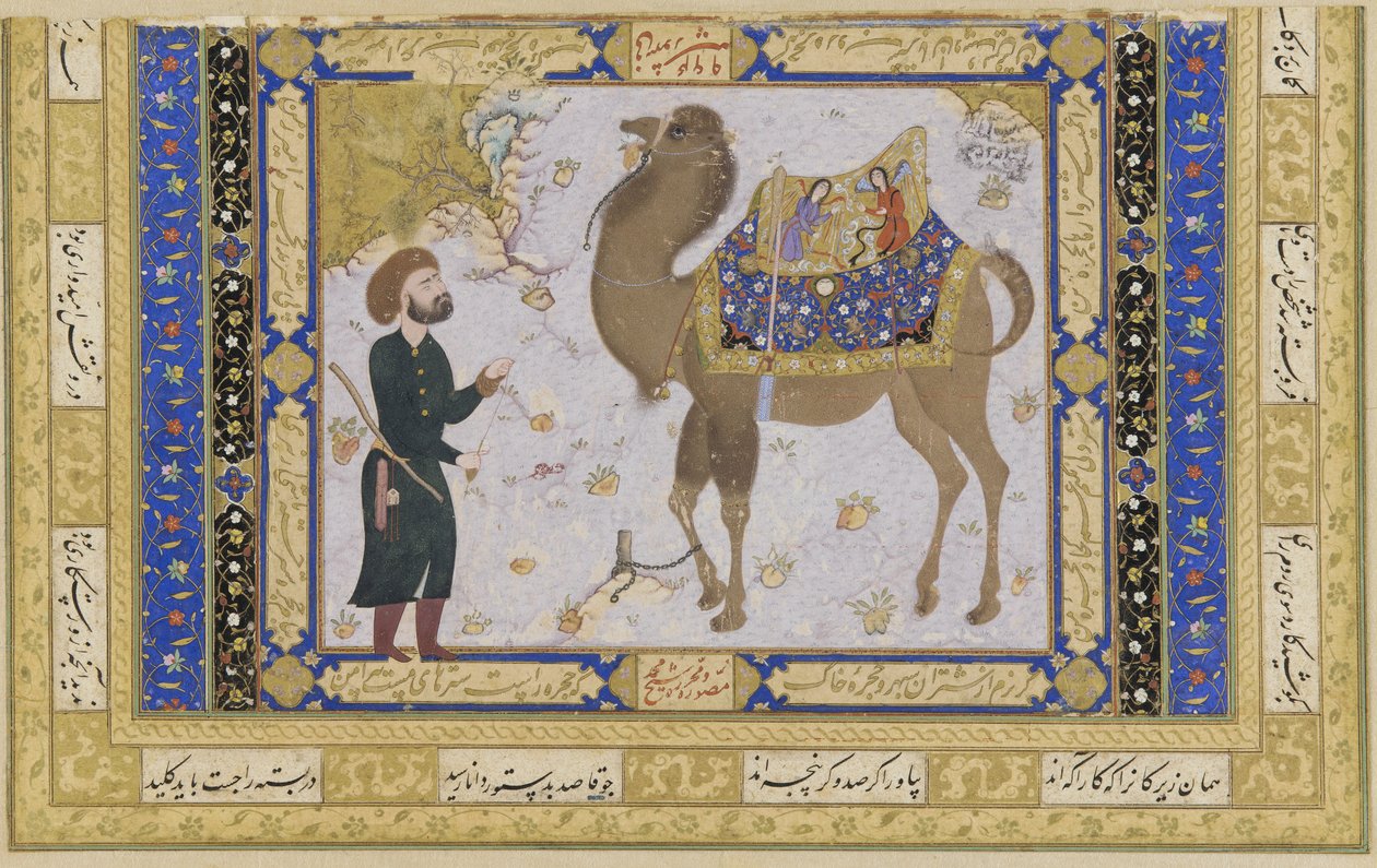 Velbloud a chovatel, Safavid Period, 1556-57 (inkoust, neprůhledné wc a zlato na papíře) od Shaykh Muhammad