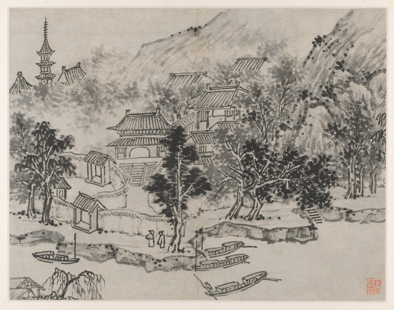 Dvanáct pohledů na Tiger Hill, Suzhou: Pohled do dálky na Tiger Hill z kotviště kanálu od Shen Zhou