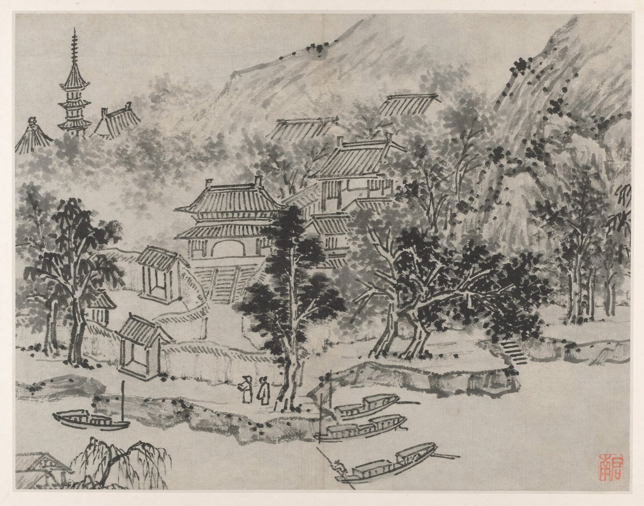 Dvanáct pohledů na Tiger Hill, Suzhou: Pohled do dálky na Tiger Hill z kotviště kanálu, po roce 1490. od Shen Zhou