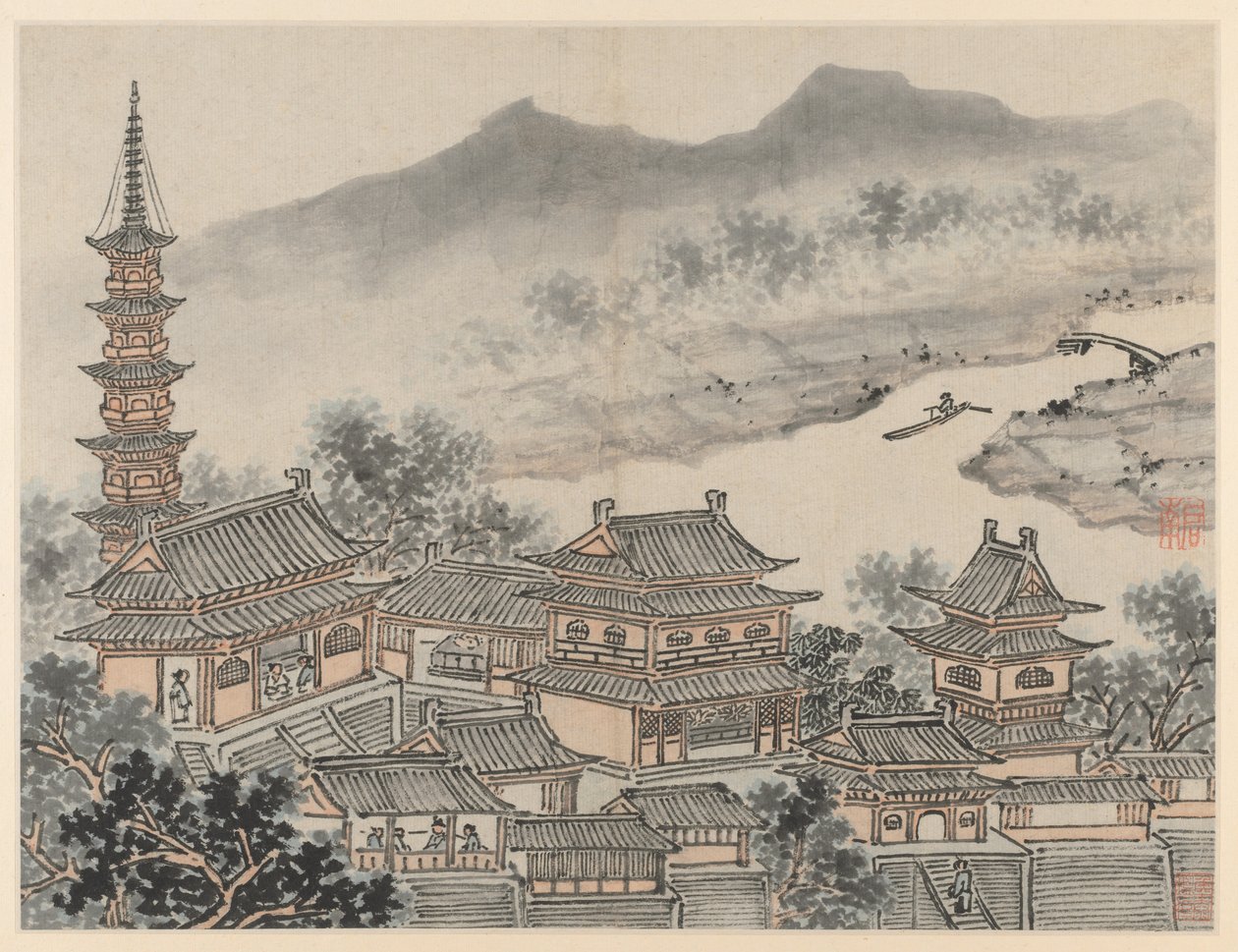 Dvanáct pohledů na Tiger Hill, Suzhou: Síň tisíce Buddhů a pagoda kláštera „Cloudy Cliff“ od Shen Zhou