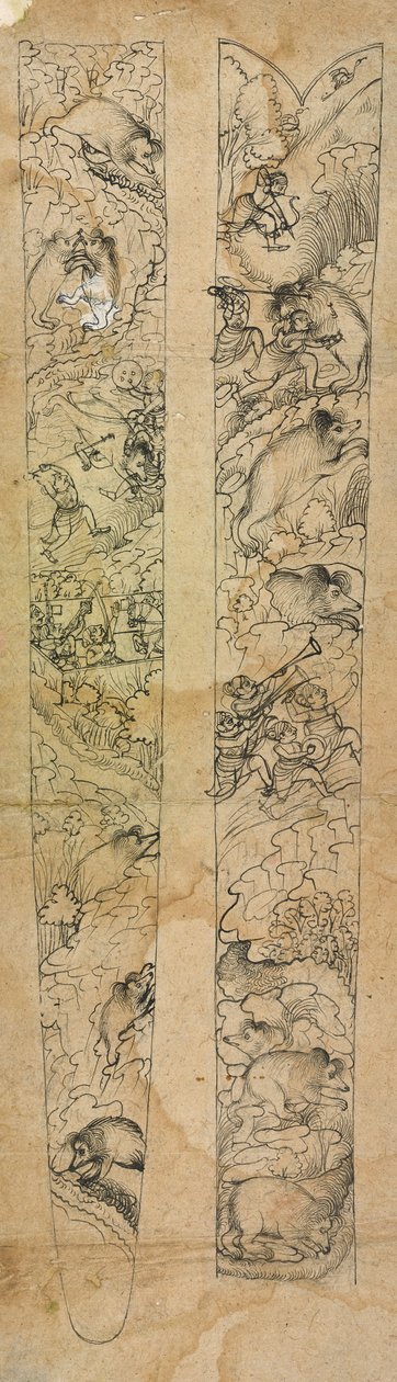 Rádža lovící divočáky, návrh na pochvu, cca 1750-1760 (neprůhledný akvarel na papíře) od Shevdar (attr.to) Gangeyagi