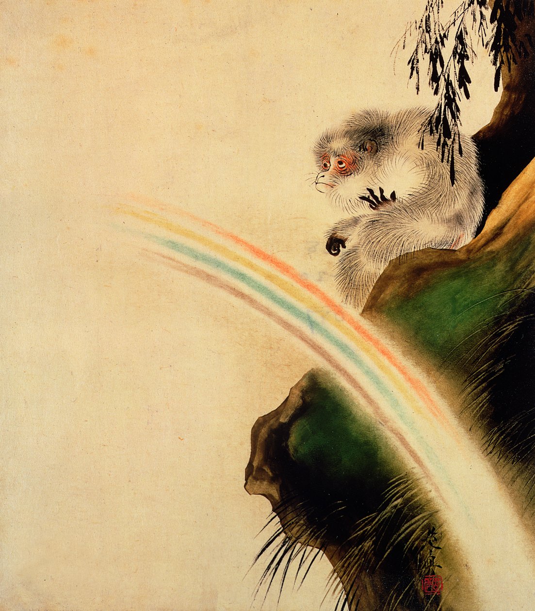 Gibbon sedící na skále s duhou v popředí (lak na papíře) od Shibata Zeshin