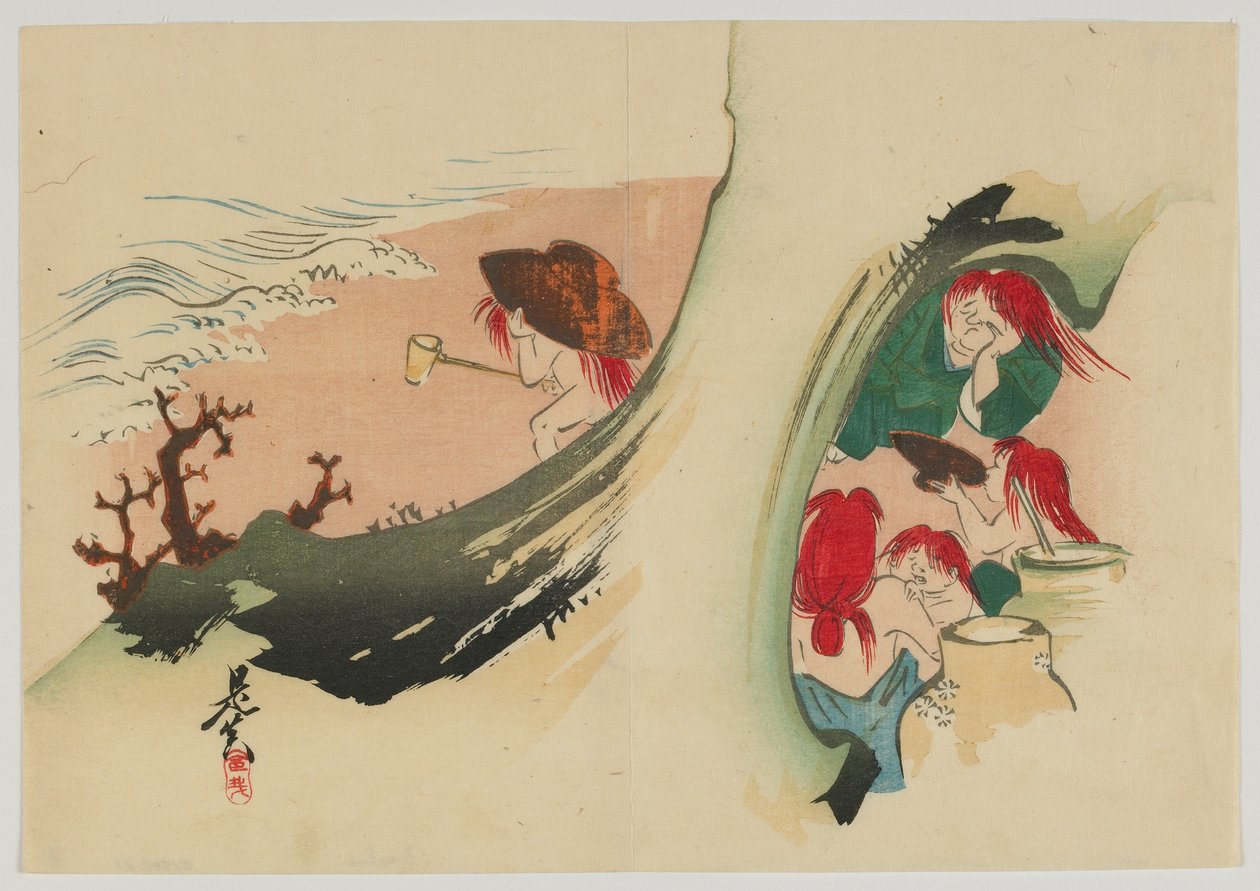 Shojo, éra Meidži, konec 19. století (barevný dřevořez) od Shibata Zeshin