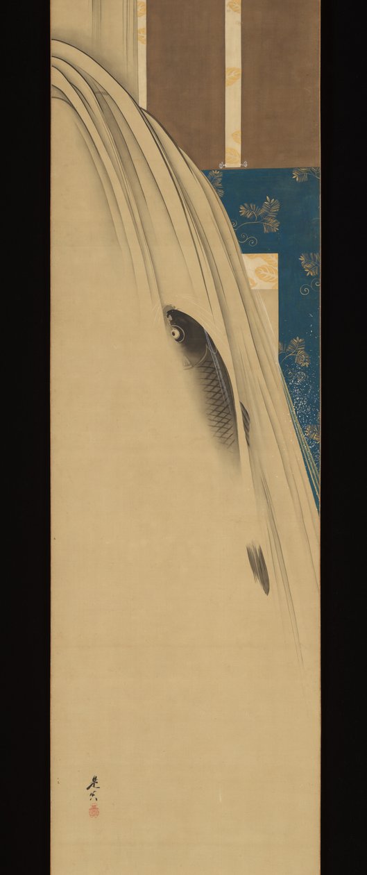 Ein Karpfen, der einen Wasserfall hinaufsteigt od Shibata Zeshin