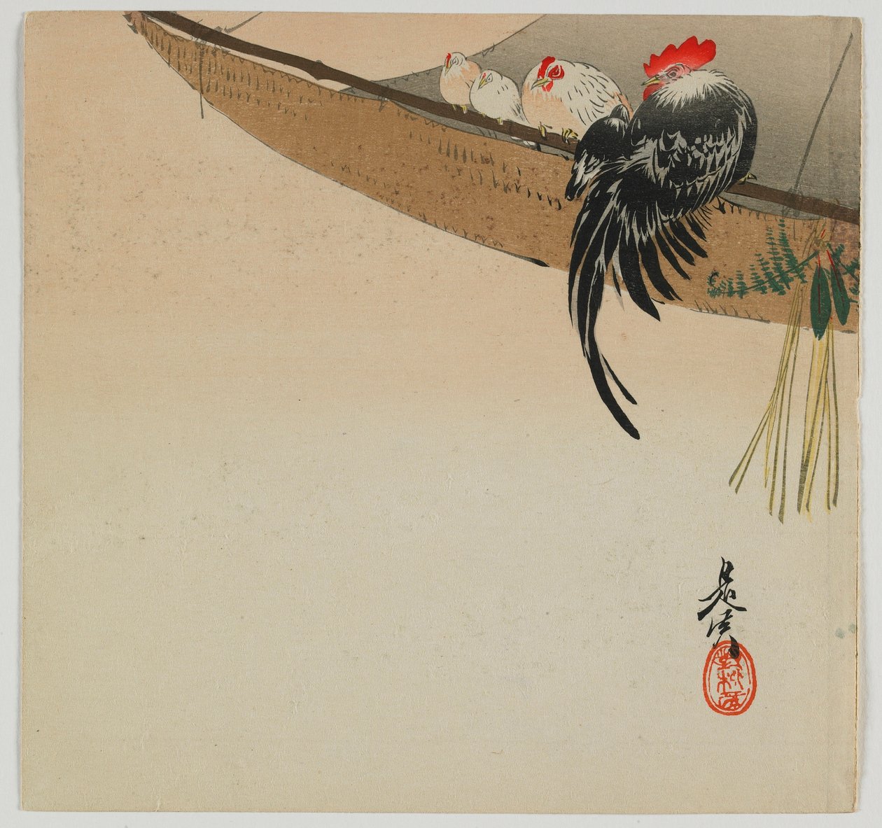 Kuřata hřadující na plachtě, éra Meidži, konec 19. století (barevný dřevotisk) od Shibata Zeshin