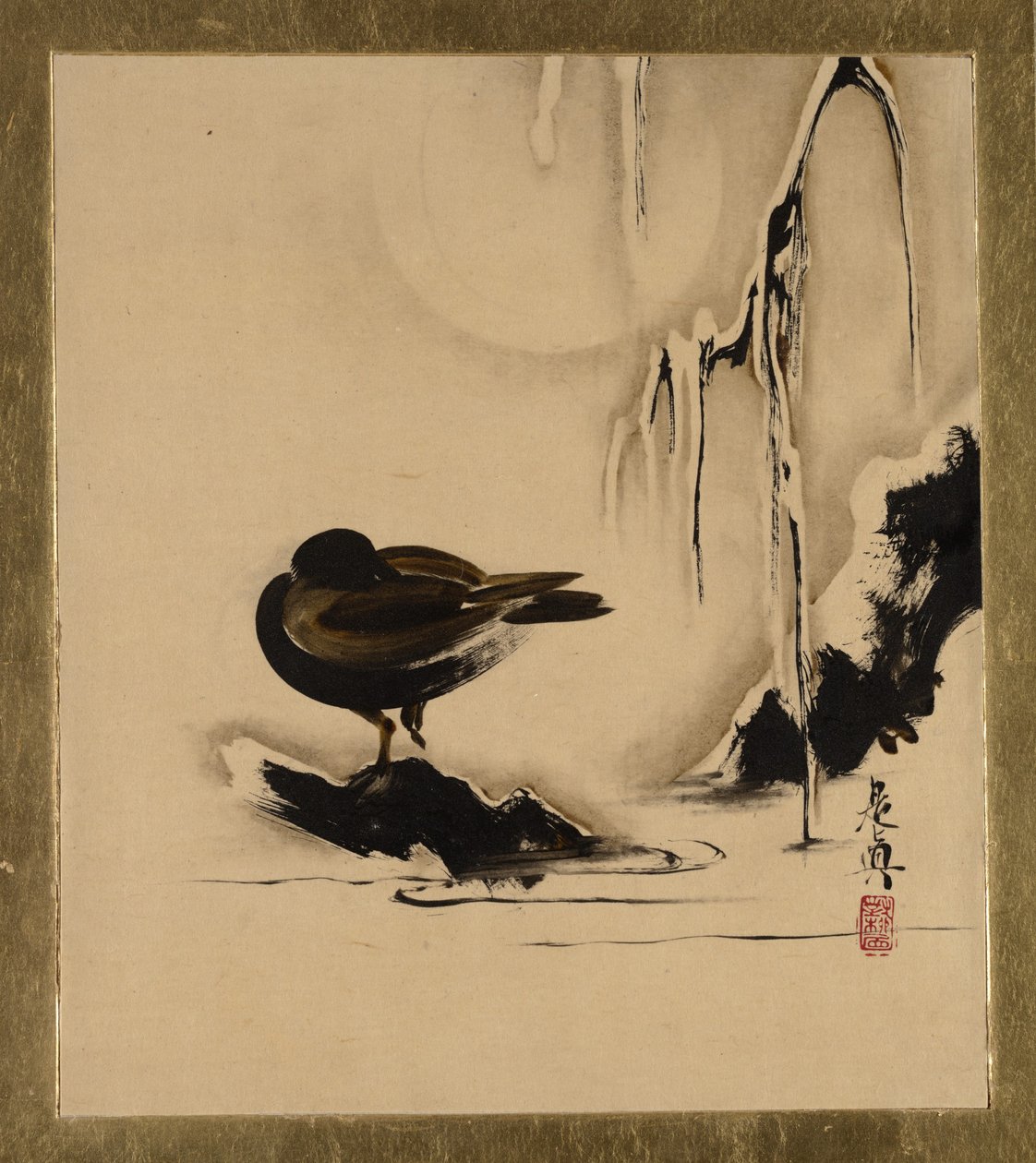 Lakované malby různých předmětů: Pták a vrba ve sněhu, 1882. od Shibata Zeshin