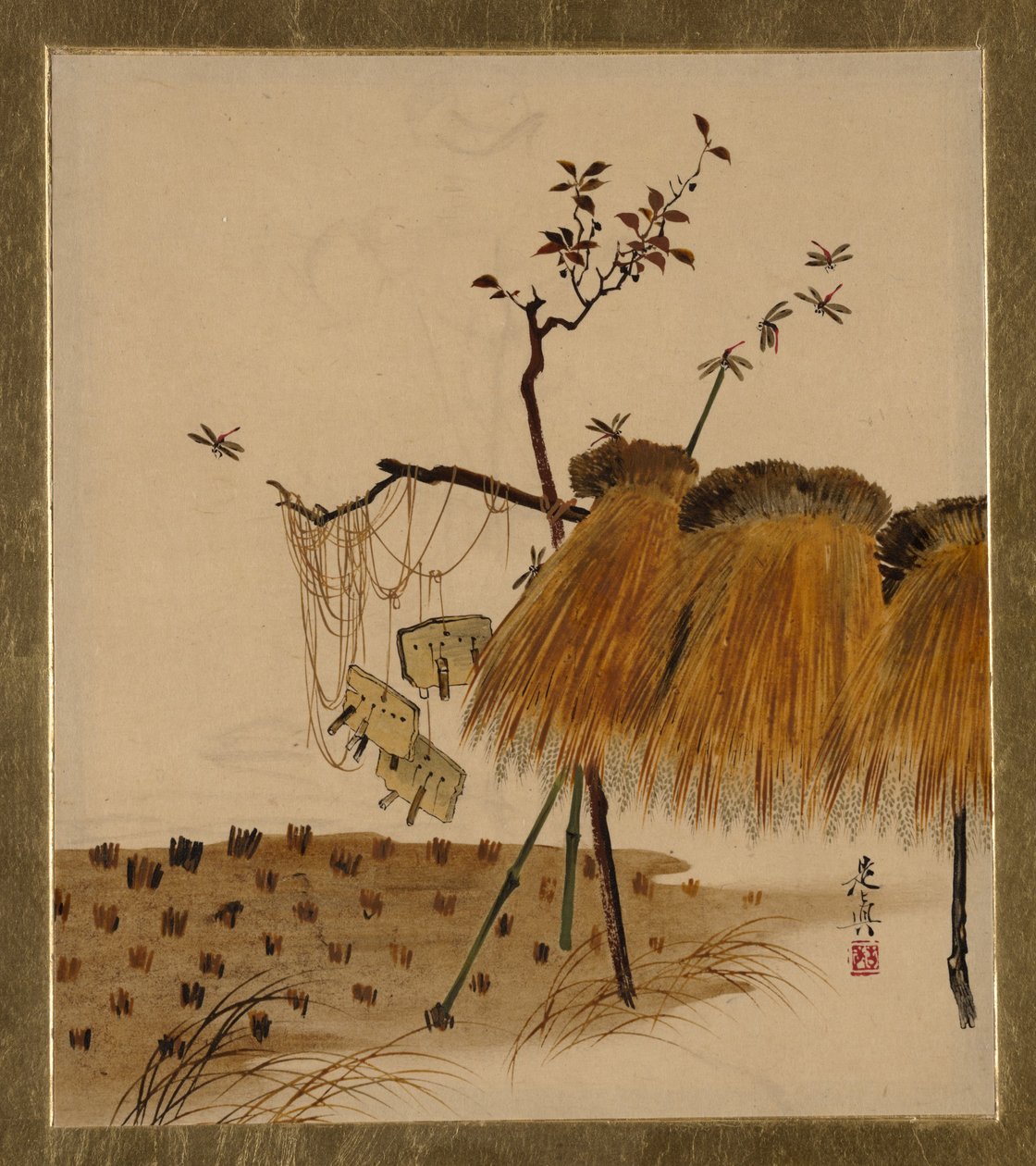 Lakované malby různých předmětů: Stoh rýže a vážek, 1882. od Shibata Zeshin