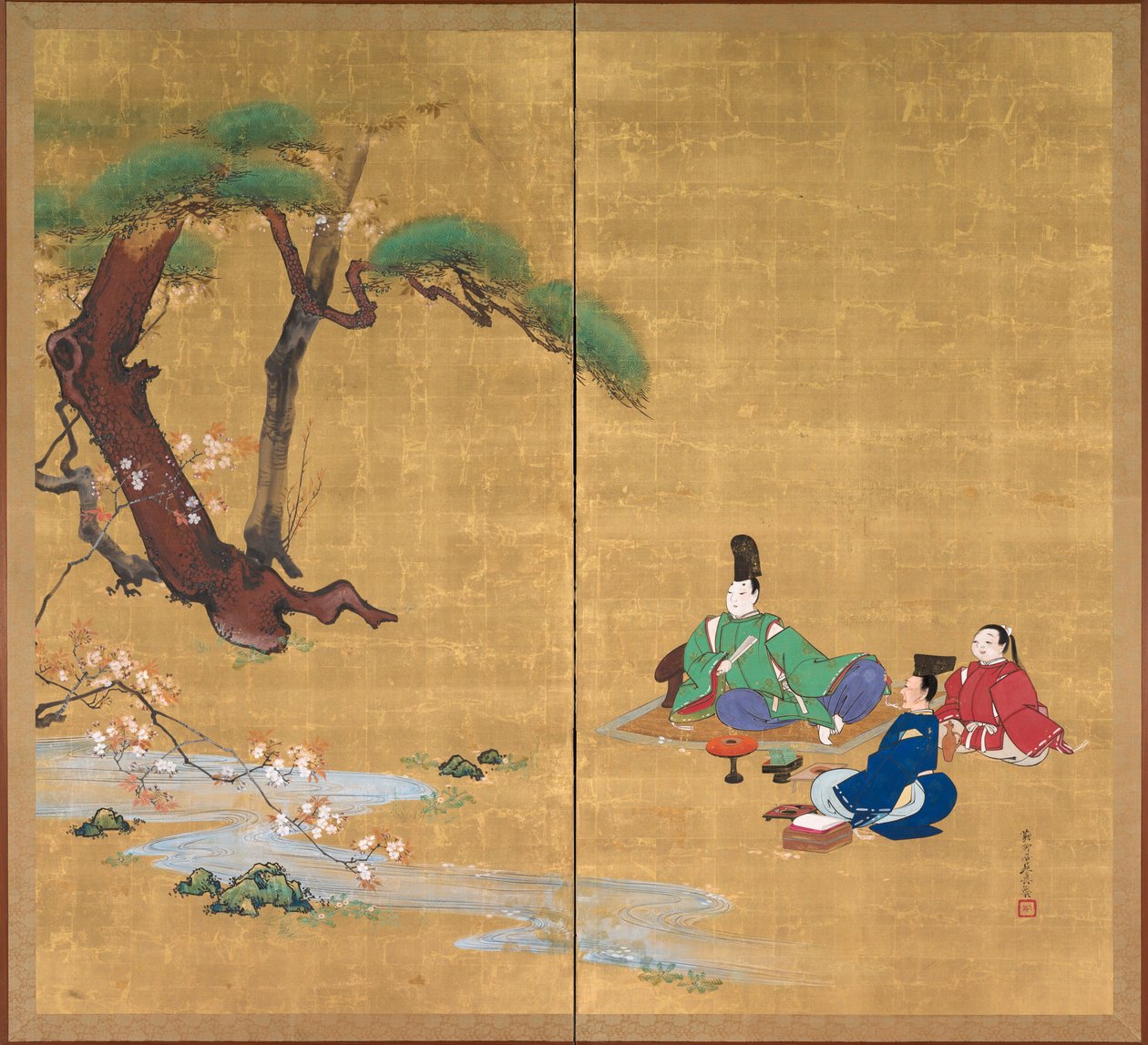 Narihira Viewing the Cherry Blossoms, dvoupanelové skládací plátno, konec 19. století (inkoust, barva, lak a zlato na hedvábí) od Shibata Zeshin