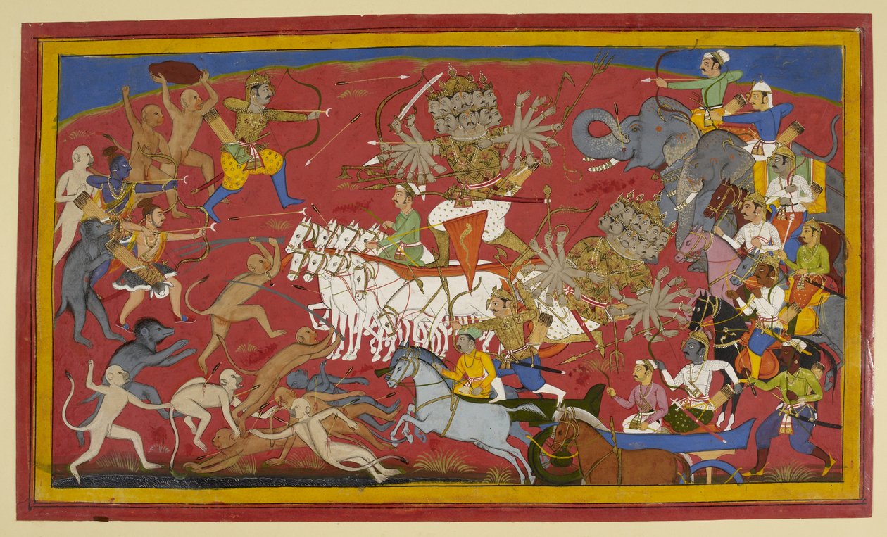 Přidat. 15297 (1) f.141v Boj s desetihlavým králem démonů Rávanou, 