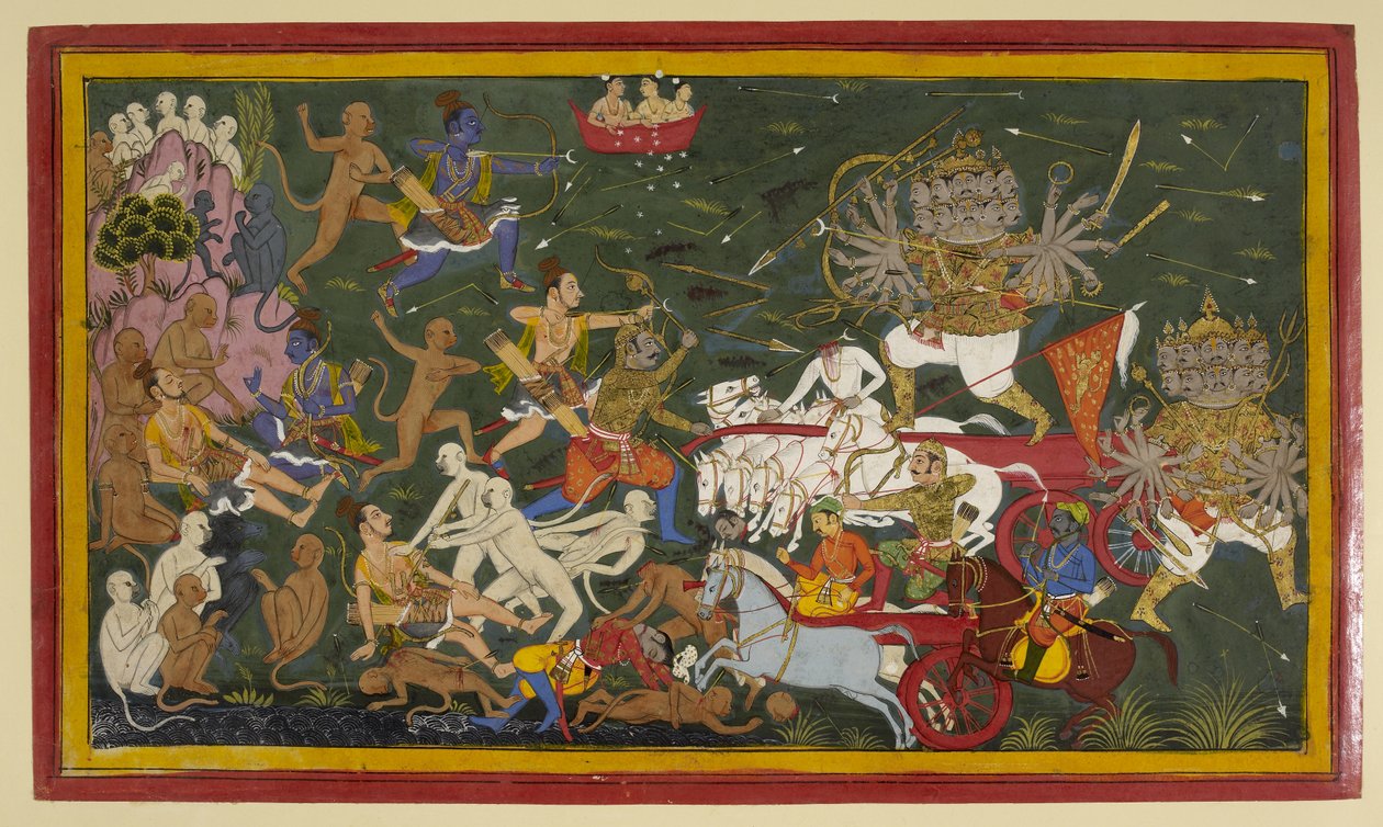 Přidat. 15297 (1) f.142r Boj s desetihlavým králem démonů Rávanou, ‚Ramayana‘ od Unbekannt