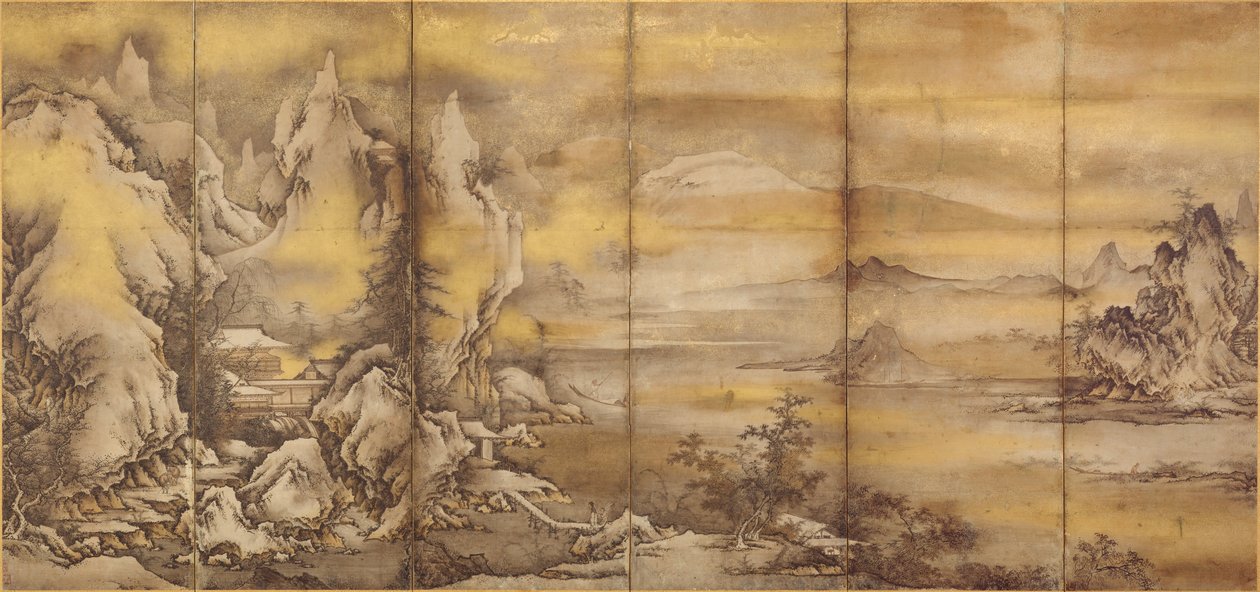 Japonsky: 『式部輝忠筆 四季山水図屏風 室町時代 』 Krajina čtyř ročních období, jedna z dvojice (Asian Art Museum B60D49+) od Shikibu Terutada