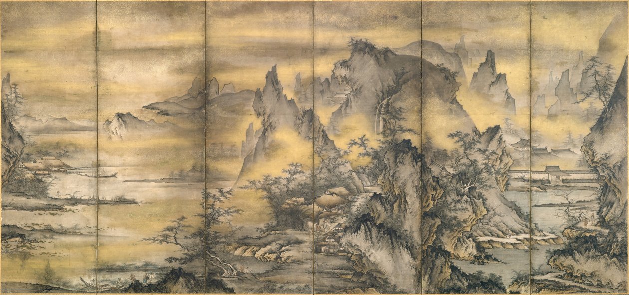 Japonsky: 『式部輝忠筆 四季山水図屏風 室町時代 』 Krajina čtyř ročních období, jedna z dvojice od Shikibu Terutada