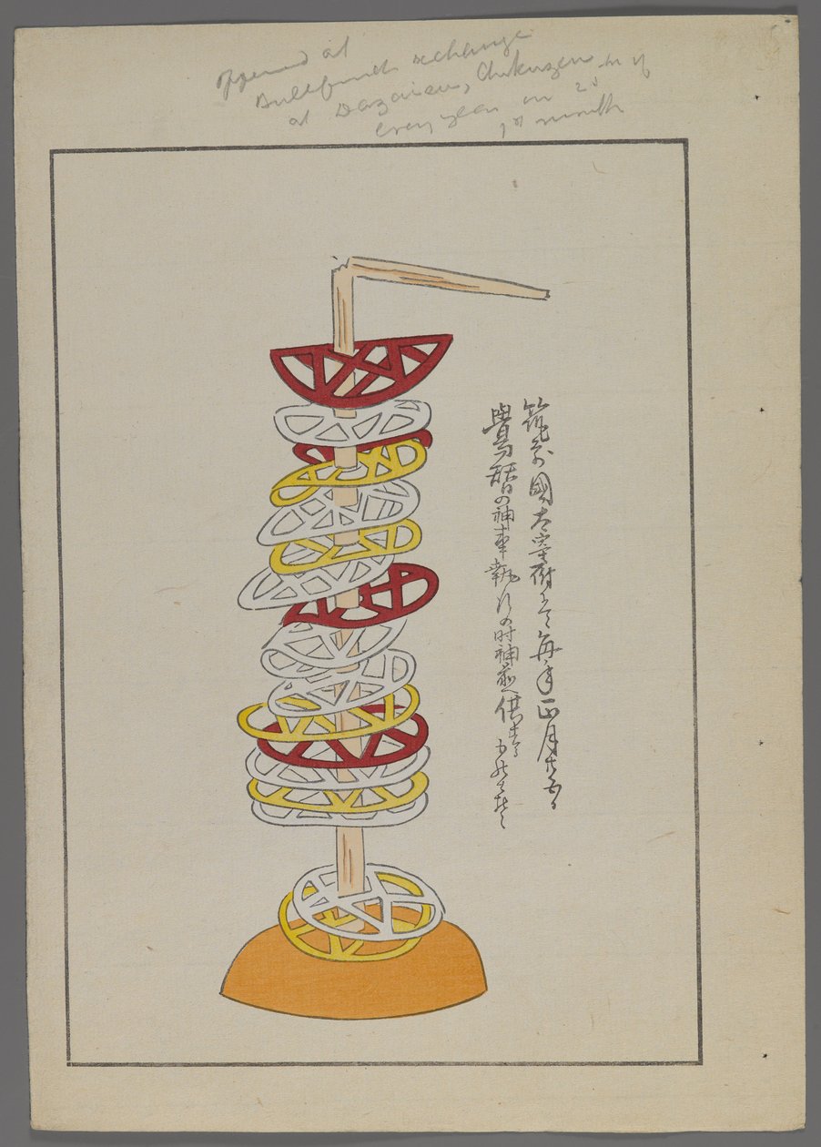 Japonské hračky, od Unai no tomo (A Childs Friends) od Shimizu Seifu, 1891-1923. Propíchnuté geometrické kotouče na tyčce. od Shimizu Seifu