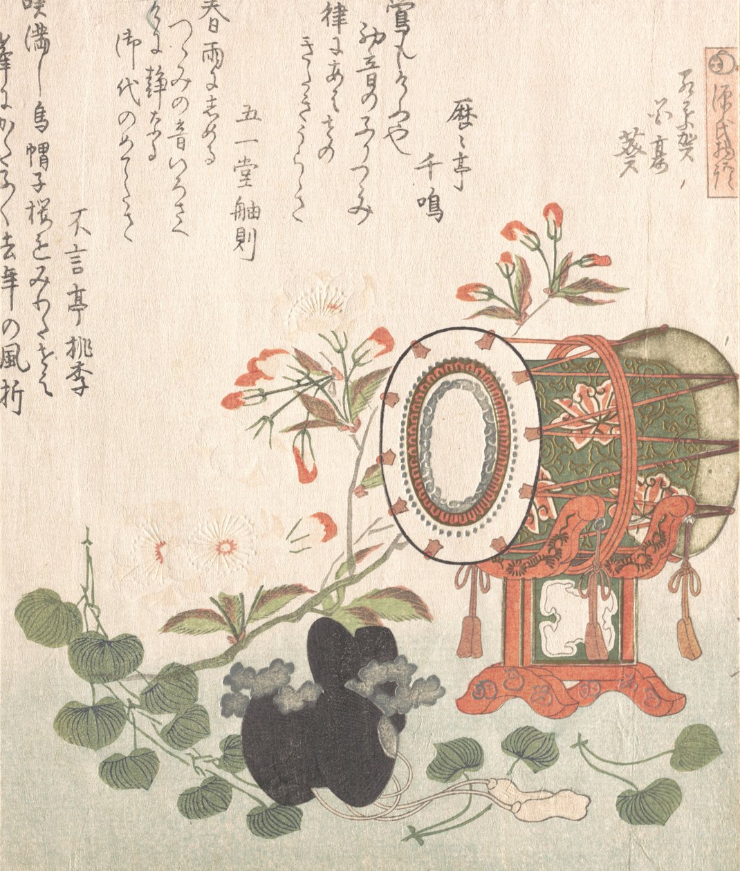 Rostlina Aoi, třešňové květy, buben a klobouk Eboshi představující kapitolu Aoi z ..., 19. století. od Shinsai