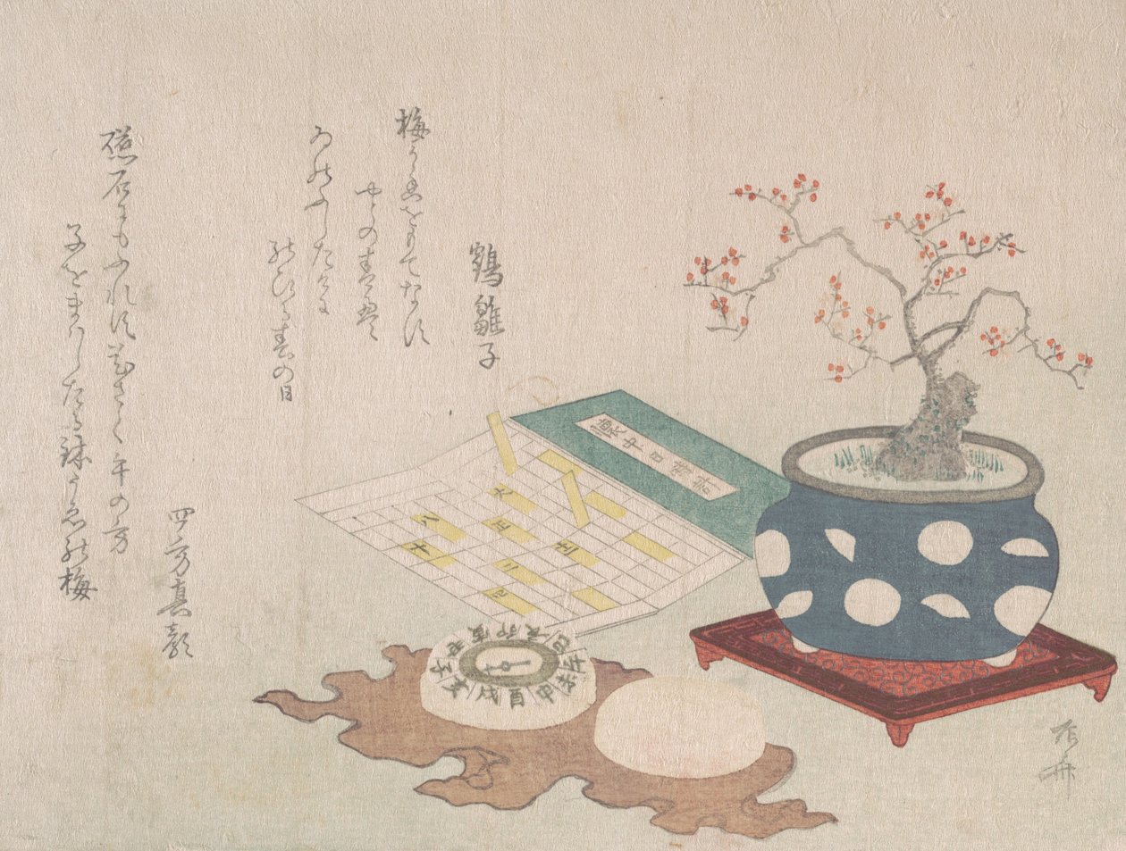 Bonsai Plum, kompas a kapesní sluneční hodiny s designem kalendáře, od Spring Rain Surimon..., 1806. od Shinsai