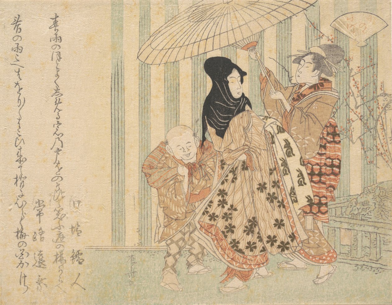 Kurtizána s průvodci, chlapcem a služkou, v dešti pod deštníkem, ca. 1800, ca. 1800. od Shinsai