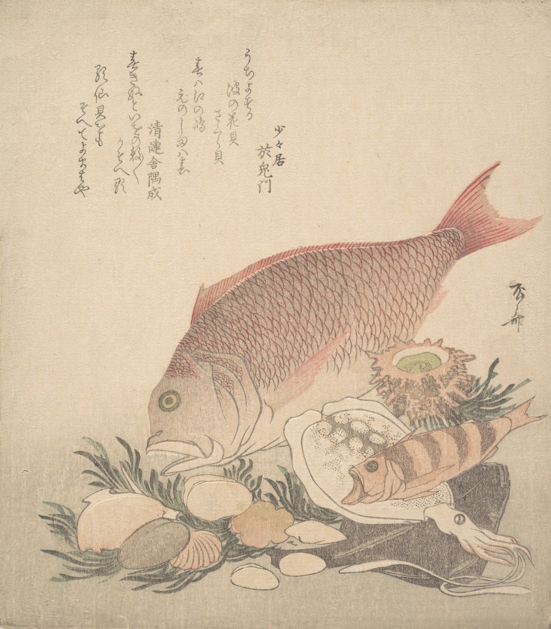Velké a malé ryby plavou mezi lasturami a mechy na dně moře, ca. 1830, ca. 1830. od Shinsai