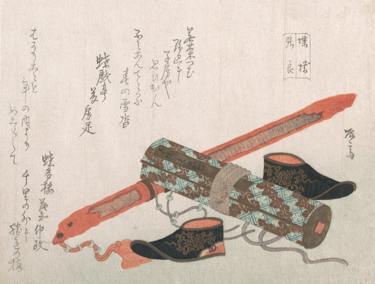 Meč, boty a svitek, představující čínského válečníka Choryo, 19. stol., 19. stol. od Shinsai