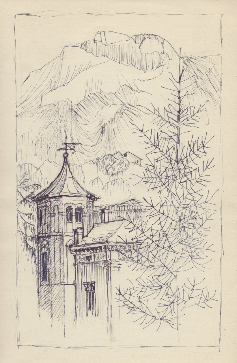 Kostel a hory, Itálie, c1950. od Shirley Markham