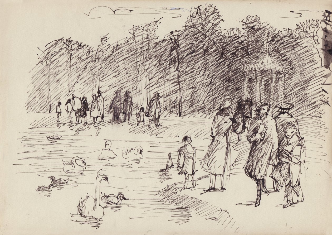 Labutě na kulatém rybníku v Kensington Gardens, Londýn, c1950. od Shirley Markham