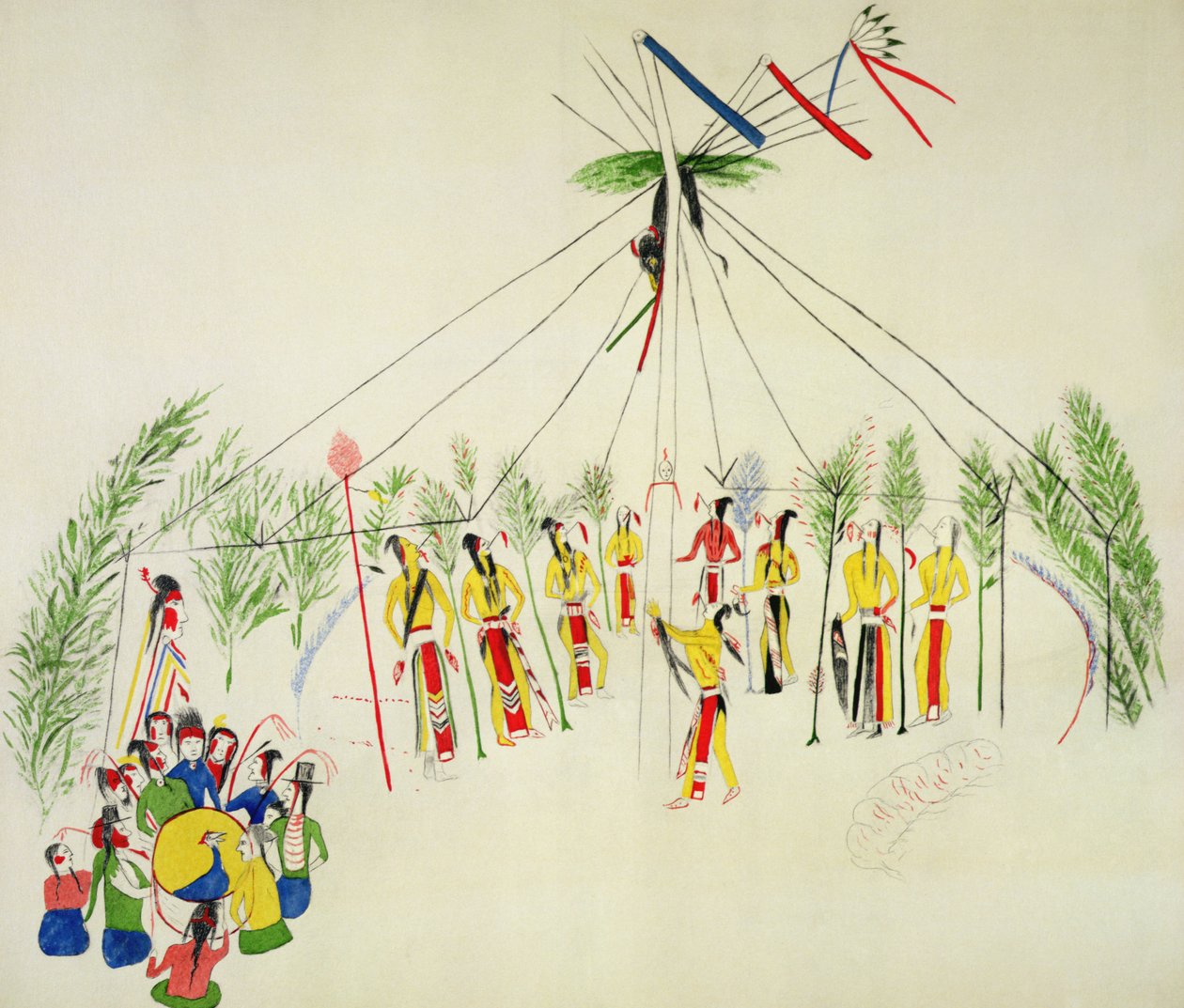Šošonský tanec slunce (pigment na mušelínu) od Shoshone Katsikodi School