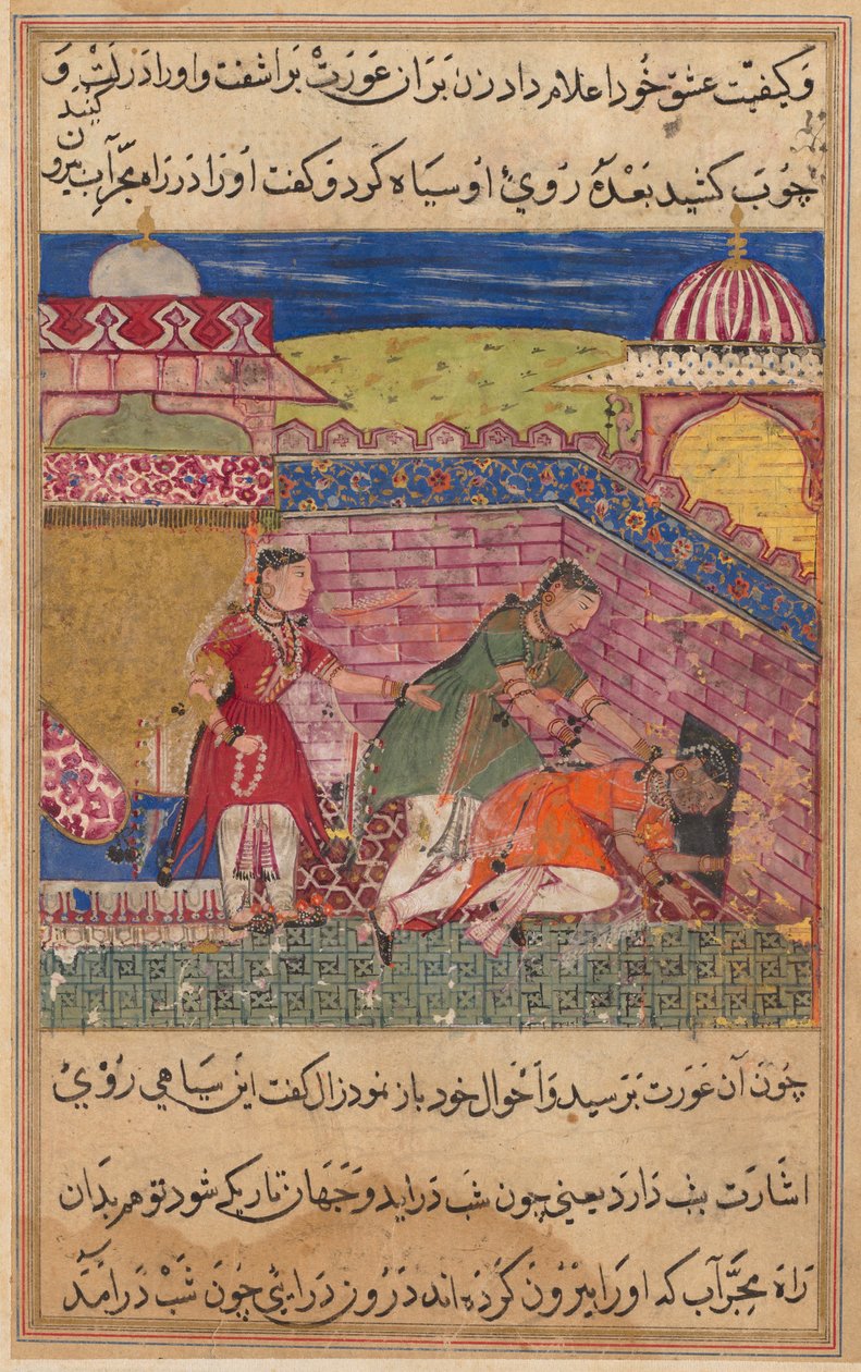 Stránka z Příběhů papouška Tuti-nama: Osmá noc: Podvodná manželka se vysune..., 1558-1560. od Shravana