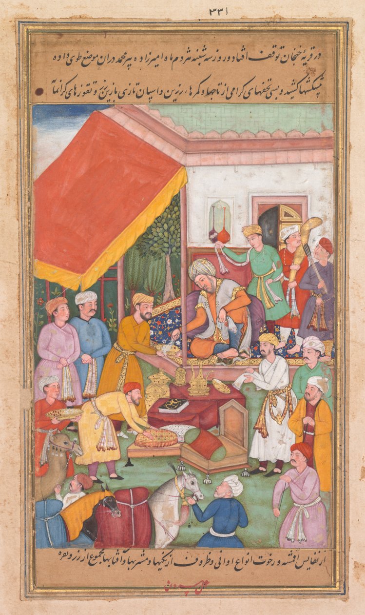 Timur rozdává dary od svého vnuka, prince z Multanu, ze Zafar-namy..., 1598-1600. od Shravana